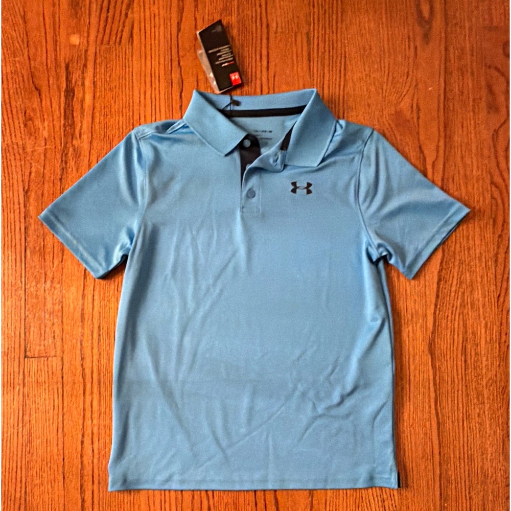 Under Armour HeatGear Boys Blue Solid Logo Polo Shirt YXL Loose Fit Short Sleeve